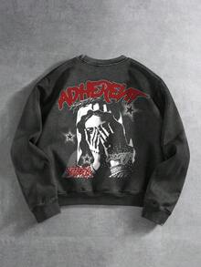 ROMWE MEN Street Life 男式字母与肖像图案圆领长袖套头衫 - 黑色 - 查看 1