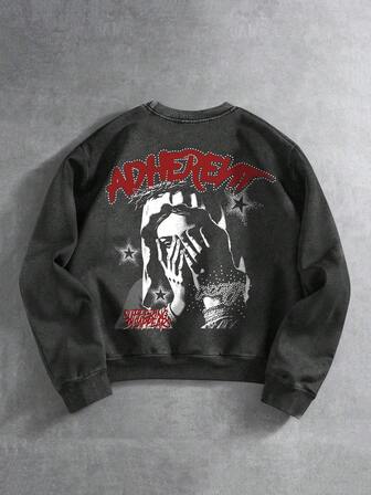 Street Life Sudadera de cuello redondo con mangas largas con gráfico de letras y retrato para hombre