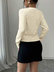 Elenzga 新款蝴蝶结V领短款套头衫，柔软优雅 - 杏色 - 查看 2