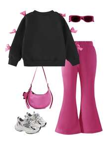 SHEIN Elladie kids 2 件套女童甜美酷炫蝴蝶结装饰黑色上衣 + 紫红色喇叭裤套装，黑色上衣搭配多个粉色蝴蝶结，紫红色喇叭裤搭配时尚廓形，甜美酷炫风格适合返校、郊游、街头穿着 - 彩色 - 查看 2