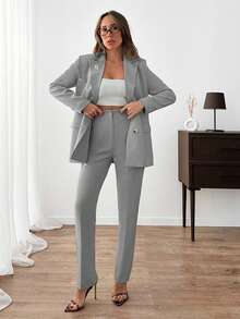 EURMUSE Women Solid Color Suit Sets Blazer Jacket And Pants Rhinestone And Button Front Detailed - Light Grey - View 3