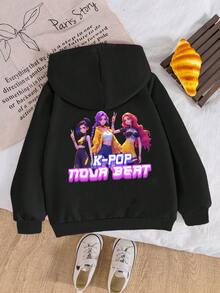 SHEIN 少女休闲可爱卡通K-POP NOVA BEAT图案卫衣，适合外出、上学和购物 - 黑色 - 查看 4