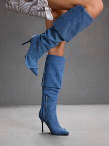CUCCOO SZL Women's Pointed Toe High Heel Boots, Blue Denim Effect Double Layer Design, Fashion Comfortable For Daily, Party, Banquet, Side Zipper -On - Blue - View 8