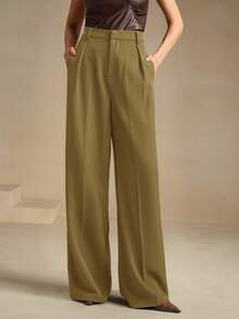 Anewsta Essential Women's Solid Color Pleated Loose Straight High Waist Pants - Mustard Yellow - View 6