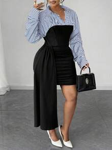Maweii Plus Size Asymmetrical Ruffle Hem Striped Patchwork Bodycon Dress - Blue - View 2