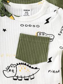 SHEIN 2 Pieces Set Of Green Long-Sleeved Tops For Newborn Baby Boys, Featuring White Printed Cartoon Dinosaur Patterns, With Green Patchwork Pockets. Comfortable Fabric, Suitable For Both Home And Outdoor Wear