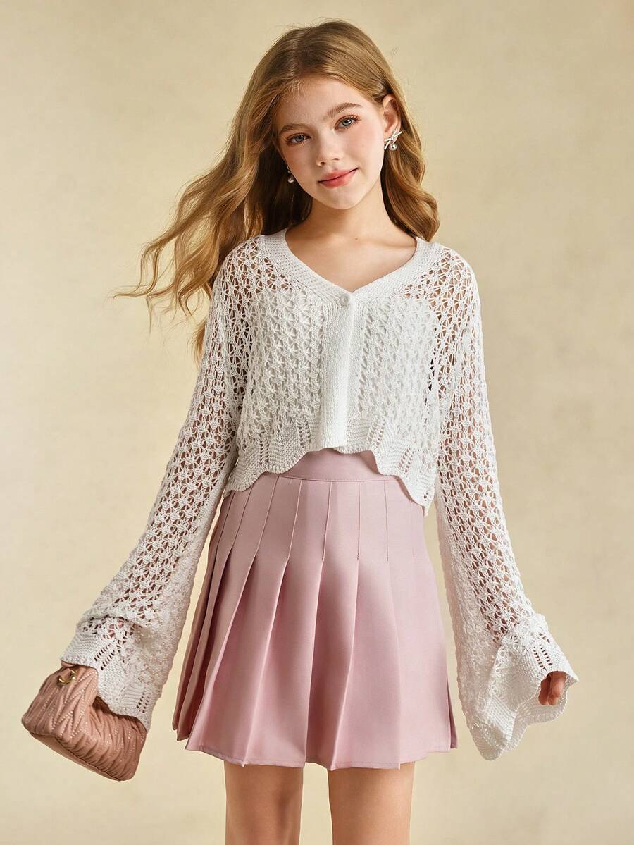 Girls V-Neck Openwork Cardigan, Solid Color, Spring/Summer - White - View 1