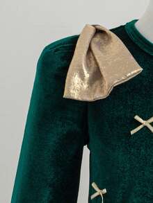 1pc Girls Kids Autumn New Green Velvet Fabric Round Neck Long Sleeve Elastic Waist Gold Bow Decor Simple Versatile Casual Dress For Daily Wear & Party - Dark Green - View 5