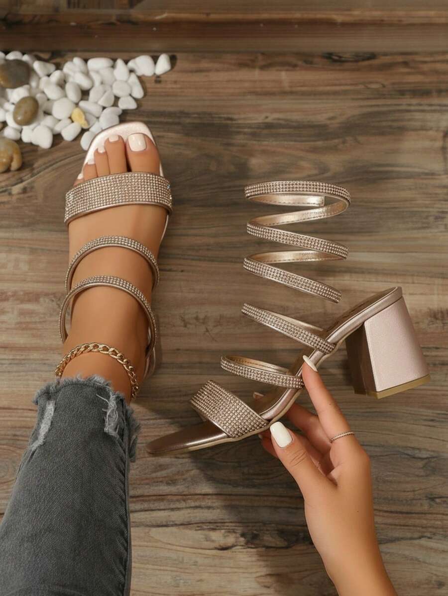 Mujer Sandalia Lujo Brillantes Punta Cuadrada Multi-Tiras Tacón Bajo Glamour Fiesta Verano - Champán - Ver 1