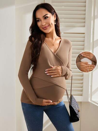 SHEIN Maternity Solid V-Neck Long Sleeve Casual Nursing Top