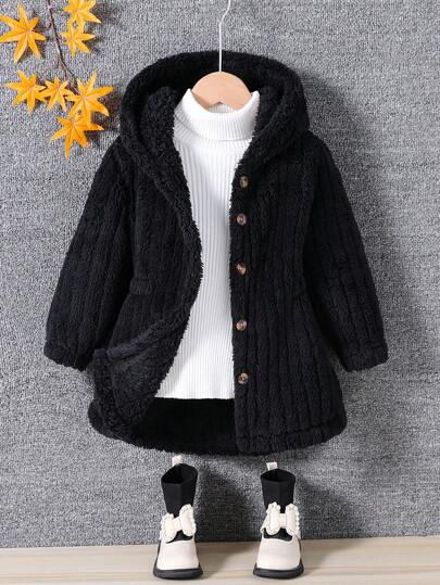 Elladie kids 1 件女童经典街头风连帽长袖毛绒夹克