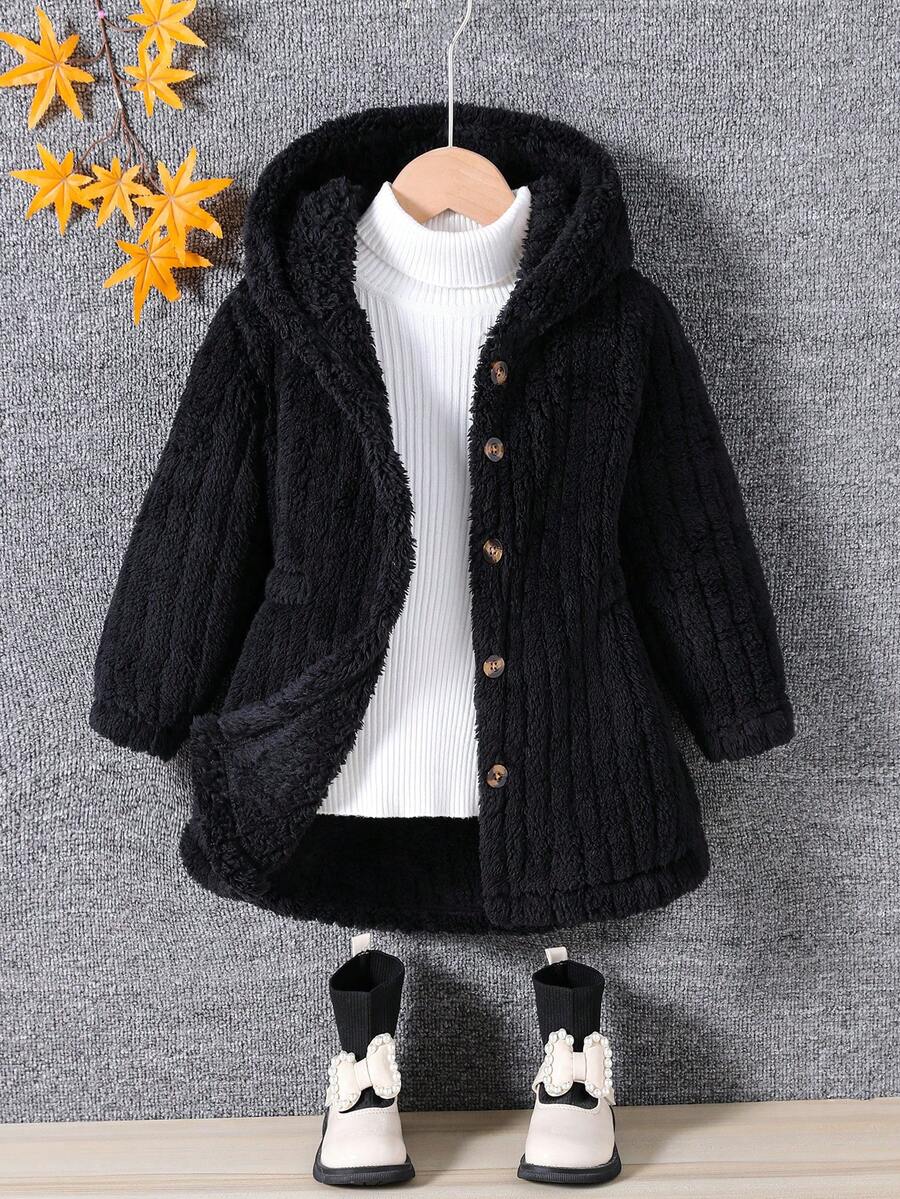 Elladie kids 1 件女童经典街头风连帽长袖毛绒夹克 - 黑色 - 查看 1