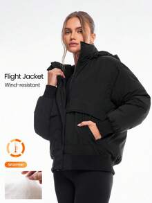 GLOWMODE Warm Hug Silky Smooth Wind-Resistant Ribbed Cuffs Hem Relaxed Fit Hooded Puffer Flight Jacket Autumn Winter Outdoors Daily Casual Wear - Black - View 1