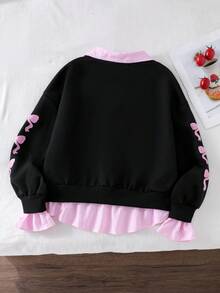 Elladie kids 1 Áo nỉ in họa tiết hoạt hình tương phản cho bé gái tuổi teen, thiết kế chắp vá, áo sọc cổ tròn phong cách sinh viên, thích hợp cho du lịch, đi học, đi chơi, trẻ em Áo nỉ họa tiết công chúa Kpop phong cách đua xe Áo nỉ E Girl Y2K - Hồng - Xem 2