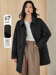 Dazy-Less 女士休闲宽松优雅中长款厚外套，适合秋冬季商务通勤 - 深灰色 - 查看 1