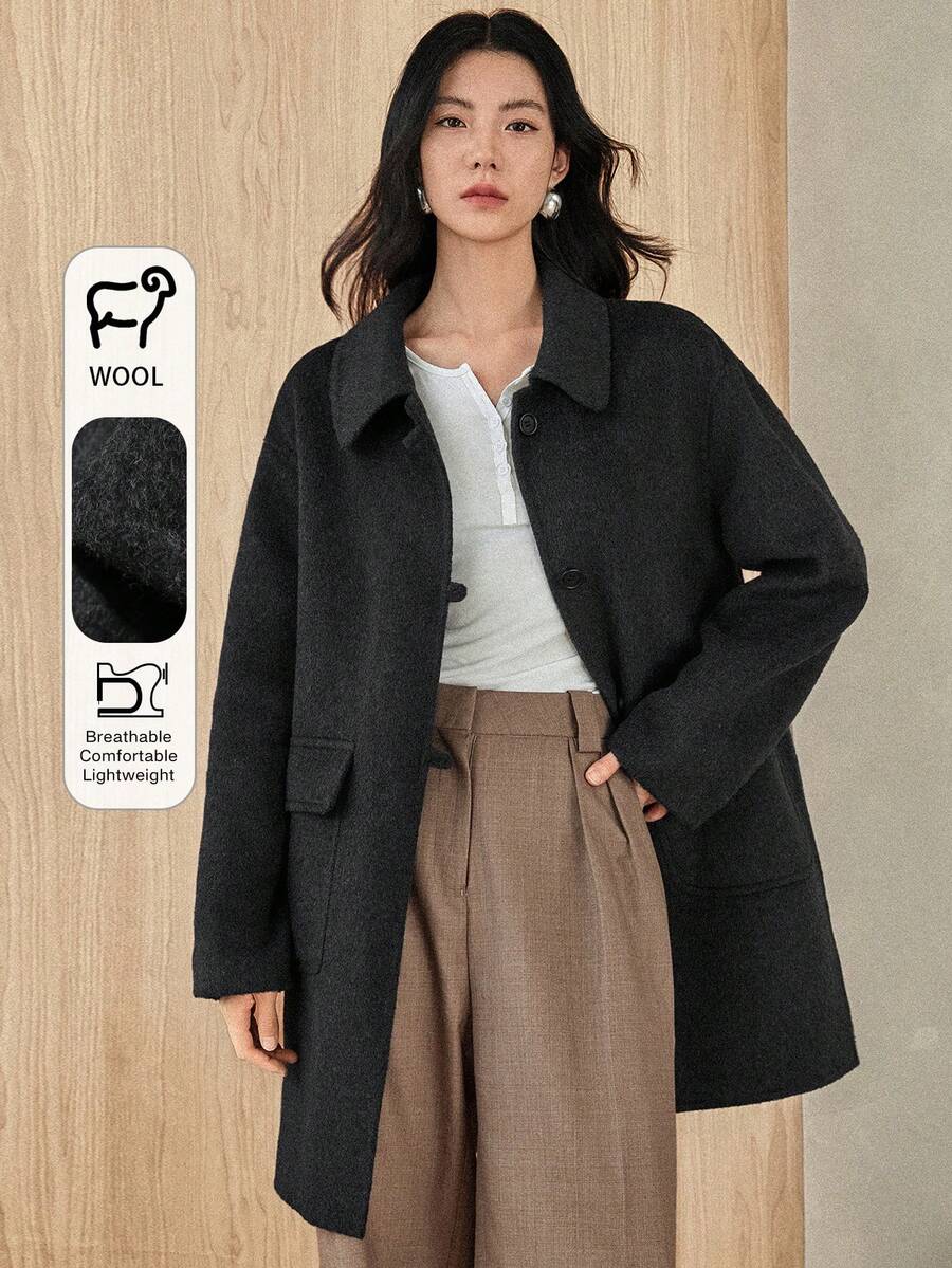 Dazy-Less 女士休闲宽松优雅中长款厚外套，适合秋冬季商务通勤 - 深灰色 - 查看 1