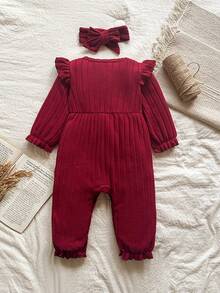 SHEIN 1件女婴秋冬新款2025罗纹抓绒酒红色圆领长袖套头衫，荷叶边袖口，蝴蝶结前襟，按扣下摆连体衣 + 可爱发带 - 紅色 - 查看 3