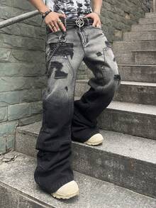 Manfinity EMRG Men's Loose Ripped Pocket Wide-Leg Casual Denim Jeans, Frayed Jeans Plain Long Baggy Black Cargo Jeans, For Husband, Boyfriend Gifts Going Out Hang Out Commute Street Vacation, Emo Style - Black - View 4