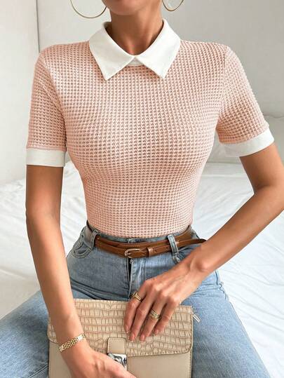 EMERY ROSE Contrast Trim Fitted Elegant Commuter Short Sleeve T-Shirt, Summer