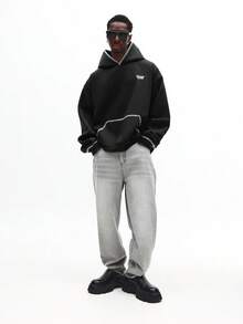 SUMWON 男士套头连帽衫，撞色缝线细节，正面中央口袋，纯色 - 黑色 - 查看 4