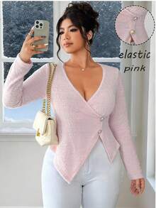 Elenzga قميص كاجوال بياقة متقاطعة وأكمام طويلة مناسب للمرأة ذات الحجم الكبير، مريح وأنيق للارتداء اليومي في فصلي الخريف والشتاء