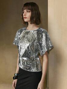 Arave Women's Sequined Fabric H-Line Loose Fit, Hollowed-Out Shimmering Sequined Off-Shoulder Design, Modern Party Top    Party Tops - Silver - View 7