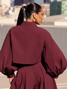 Vixey Pointed Collar Volume Balloon Sleeve Cropped Button Up Shirt - Purple - View 5