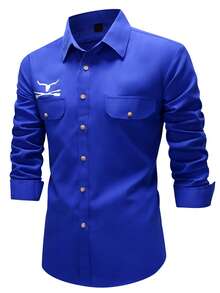 Manfinity Nomadique Stylish Men's Royal Blue Regular Length Long Sleeve Western Cowboy Shirt With Graphic Print And Pockets - Royal Blue - View 4