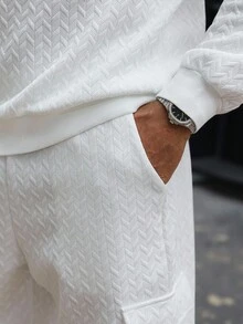 Manfinity CasualCool Men's Jacquard Multi-Pocket Casual Crew Neck Long Sleeve Sweatshirt And Pants Set, Fall Clothes - White - View 6