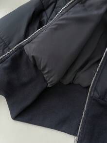 Elamini 女士时尚杏色拼接短款皮草连帽收腰立领长袖短款棉服外套，适合秋冬季 - 藏蓝色 - 查看 8