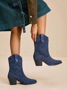 Daringsoles Women's Fashionable Retro Chunky Heel Mid-Calf Boots For Christmas - Navy Blue - View 1