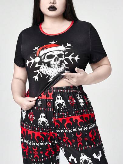 Goth Ensemble pyjama grande taille femme avec t-shirt à manches courtes et pantalon imprimé squelette sombre de Noël