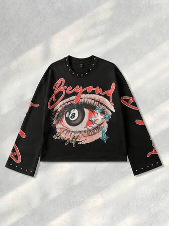 Street Life T-shirt à manches longues pour hommes avec perles et imprimé lettres et yeux, pour l'automne