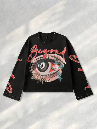 Street Life قميص تي شيرت طويل الأكمام مزين بالخرز والطباعة بالحرف والعين للرجال في فصل الخريف