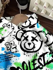 SHEIN 年轻男孩休闲简约卡通熊图案宽松舒适针织长袖连帽衫运动衫，适合秋冬季