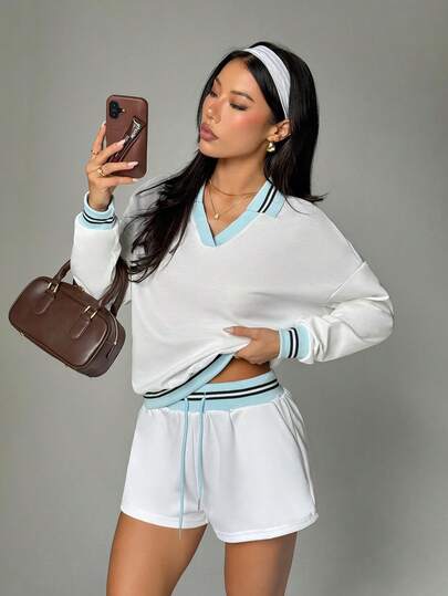 Dewbera 女式撞色拼布运动衫和短裤运动套装