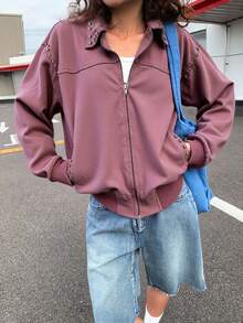 DAZY Áo khoác denim thường ngày dành cho nữ có đinh tán và khóa kéo, Thu/Đông - Hồng - Xem 3