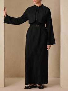 Modelyn 优雅黑色编织休闲条纹喇叭领纽扣腰带连衣裙，适合晚会 - 黑色 - 查看 4