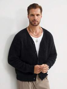 Manfinity Homme 男士休闲标语印花开衫，秋冬季毛绒针织衫，基督教男士黑白图案长袖开衫上衣 - 黑色 - 查看 5