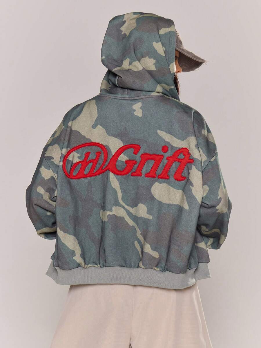 MUSERA Washed Camo Oversized Zip Up Hoodie Cool Girl, Streetstyle, Everyday, Autum, Winter, Varsity, 1997