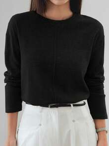 Dazy-Less 女士宽松商务休闲拼色长袖T恤，适合秋冬季办公室穿着 - 黑色 - 查看 2