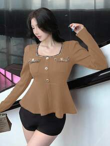 DAZY Women's Lace Patchwork Fitted Square Neck Long Sleeve Ruffle Hem Elegant Top, Autumn/Winter Babydoll Top - Brown - View 2