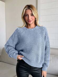 EURMUSE 女式秋冬仿珍珠装饰罗纹圆领蝙蝠袖毛衣 - 淺藍色 - 查看 3