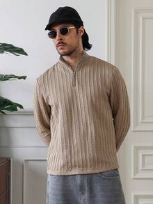 Manfinity Homme Men's Casual Solid Color Long Sleeve Polo Shirt, Versatile For Winter Mock Neck Old Money - Khaki - View 3