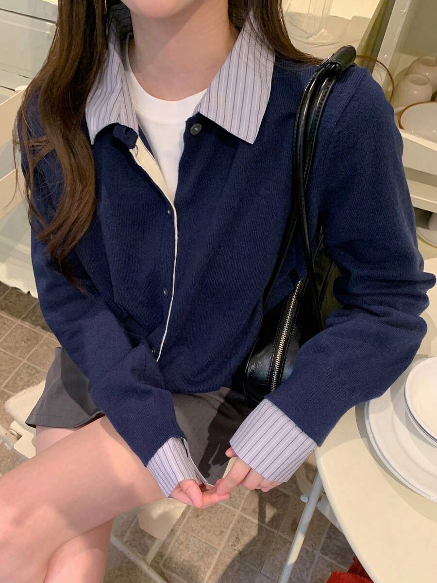 DAZY 女式撞色条纹拼布二合一休闲开衫 - 藏蓝色 - 查看 1