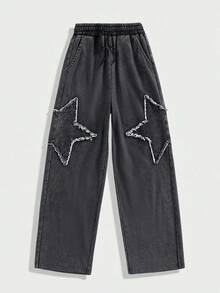 Oversized Straight Leg Jeans For Tween Boys, Casual Street Style, Black Washed Denim With Star Embroidery Design, Elastic Waistband And Drawstring For Comfort, Versatile Fashion Item For Daily Wear, Casual Outings, School, And Weekend Streetwear - Black - View 5