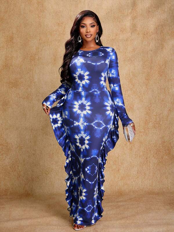 Brilight Autumn And Winter Women's Elegant Knitted Printed Long-Sleeved Slim Dress With Ruffle Trim On The Skirt. Suitable For Birthday Parties, Gatherings, Bohemian Style, Tropical Elegant Dresses, Women's Autumn Dresses, Ball Gowns, Spring And Summer