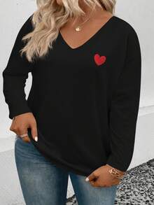 EMERY ROSE Maglietta a maniche lunghe con scollo a V e stampa a cuori, taglia comoda, popolare per l'autunno/inverno