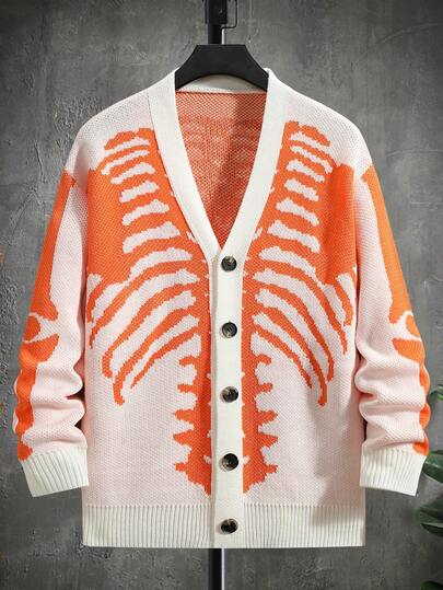 GALLERY FADE Men's Casual Halloween Skeleton Print Single-Breasted Cardigan, Autumn/Winter, Long Sleeve Top