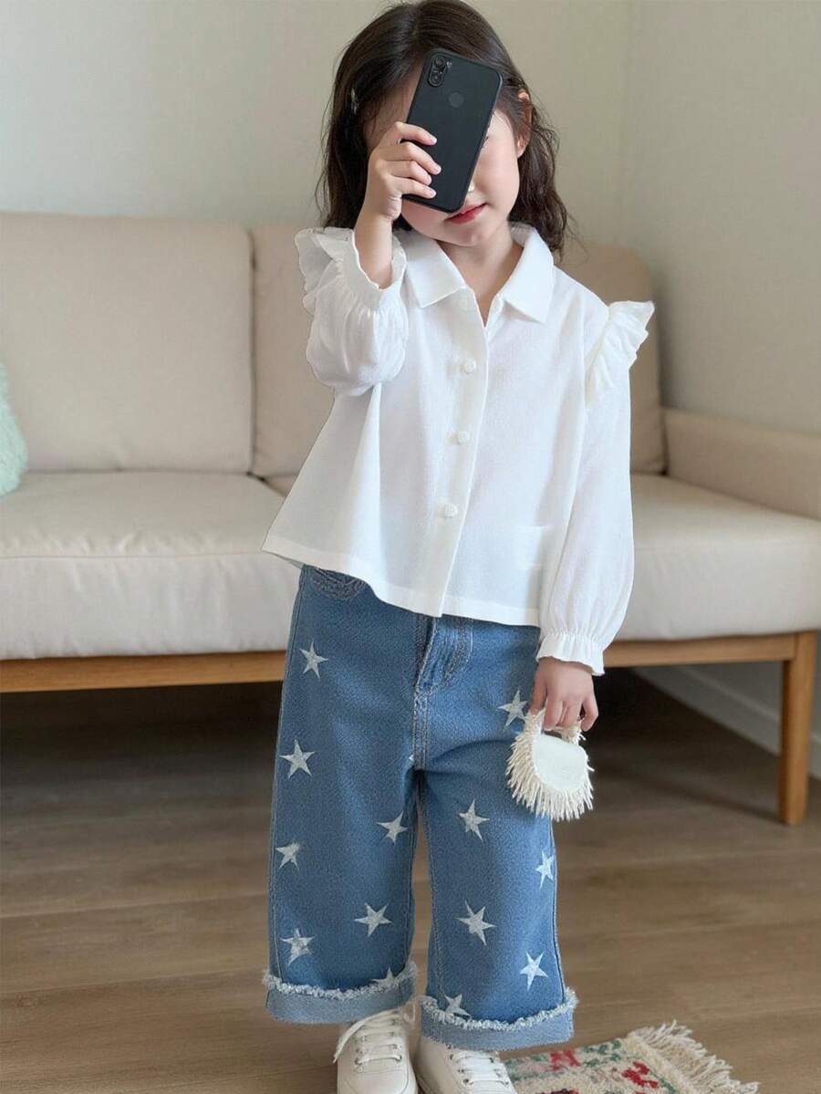 SHEIN 嬰兒女童簡約星紋繡花襯衫牛仔褲套裝，秋季